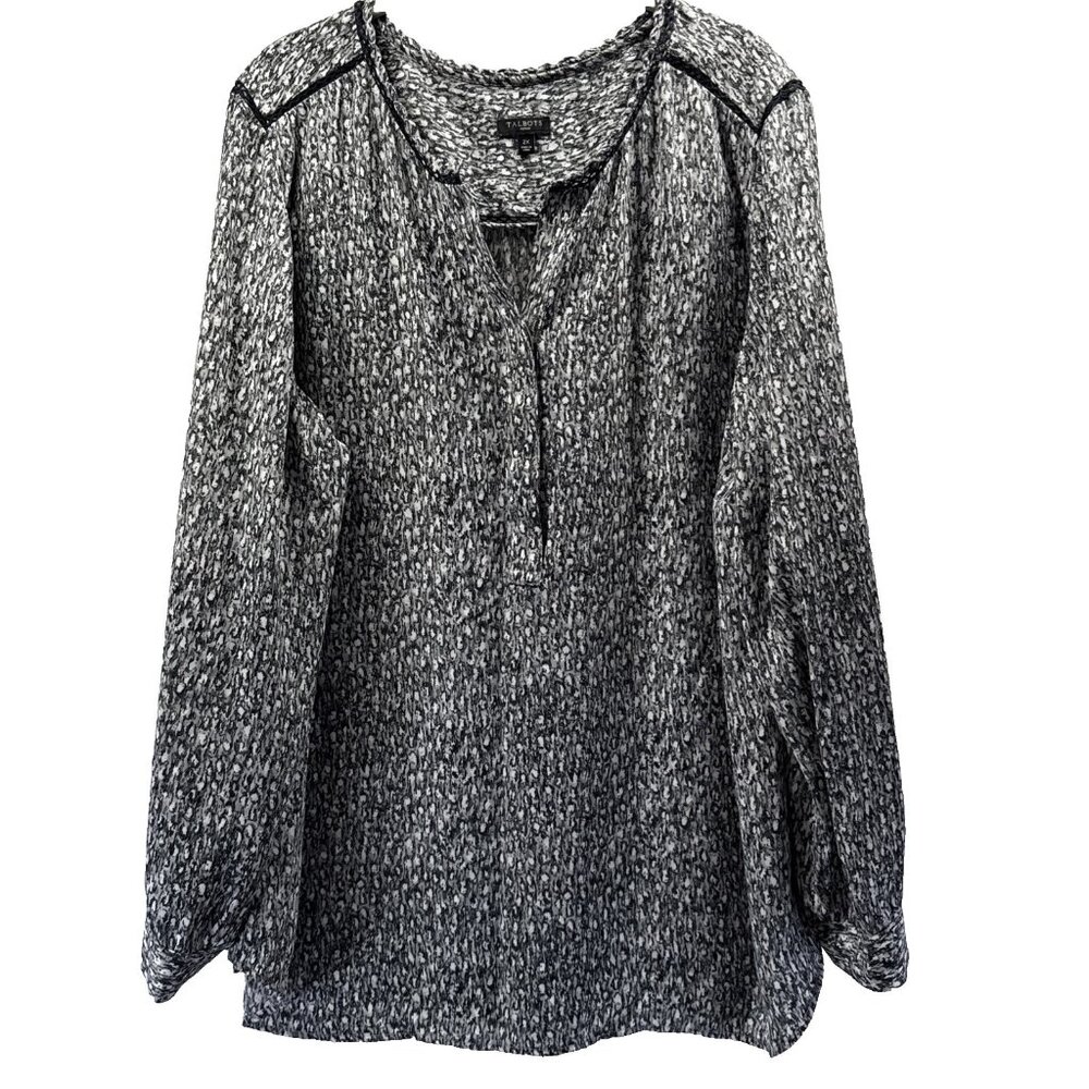 Talbots‎ Women's Top Size 2X Black White Lace Trim Long Sleeve Popover Tunic